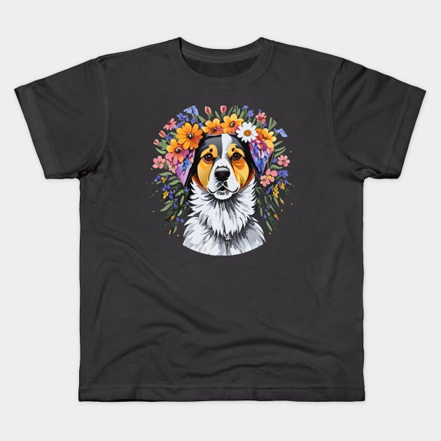 Shepherd Mix Dog with Floral Crown Kids T-Shirt by DestructoKitty